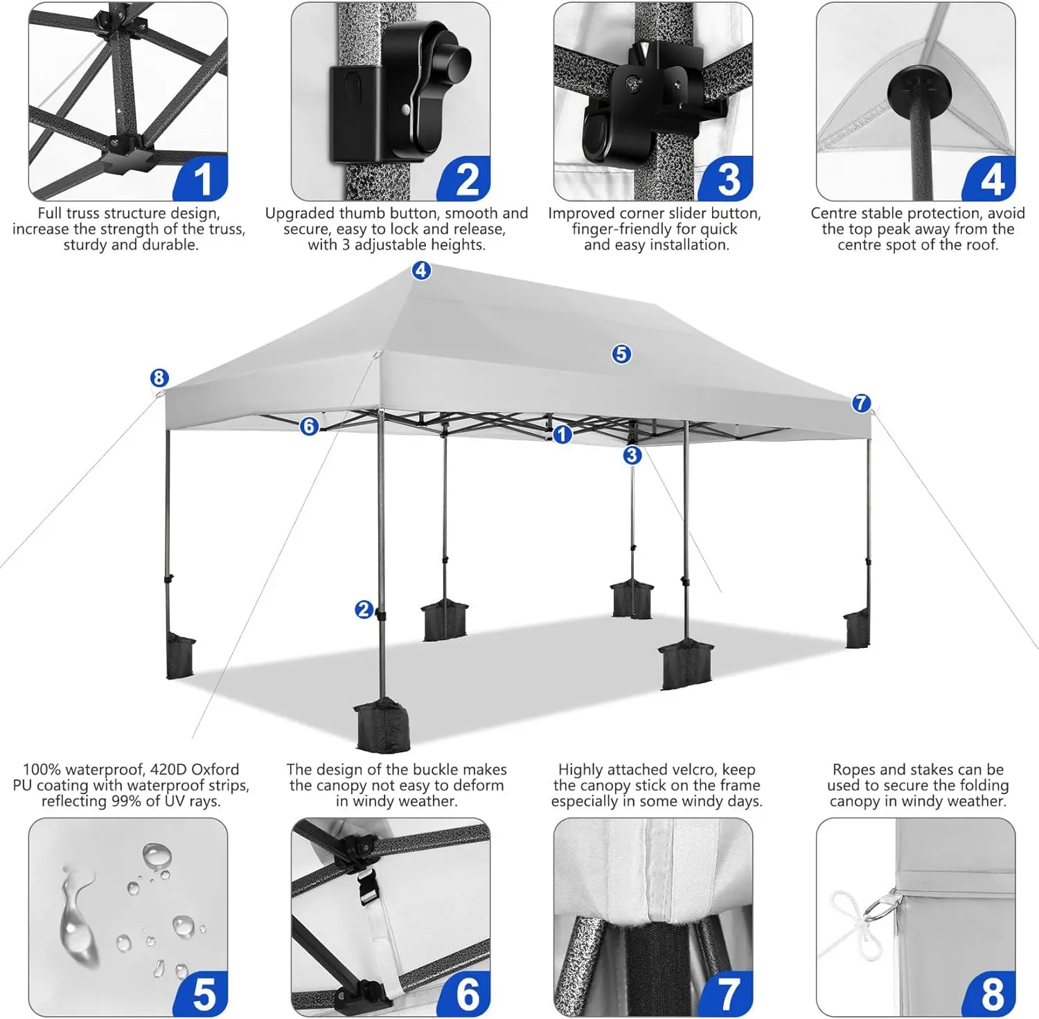 10x20 Heavy Duty Pop up Canopy Tent Without Sidewalls Folding Height Adjustable Commercial Easy up UPF 50+ Waterproof Outdoor