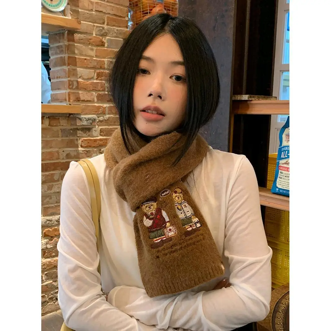 

Korean Style Bear Embroidery Knitted Scarf Women's Warm Versatile Autumn Winter Scarf Fashionable Neck Warmer for Youth