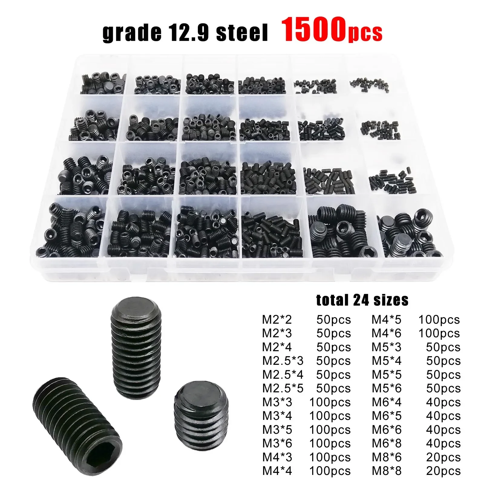 Stainless Steel Black Hex Hexagon Socket Allen Flat Point Grub Bolt Set Screw Kit Box