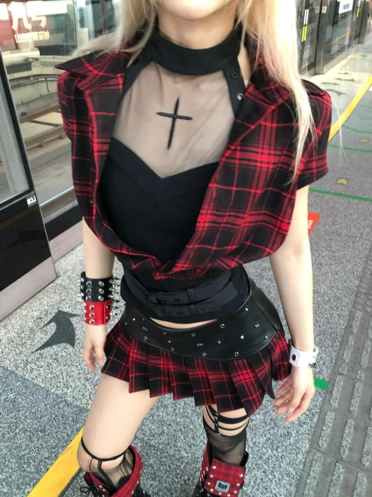 

Gothic Punk Hottie 3 Piece Set Women Y2k Short Sleeve Tops Mini Pleat Skirt Belt Subculture Halter Retro Streetwear Outfits 2025