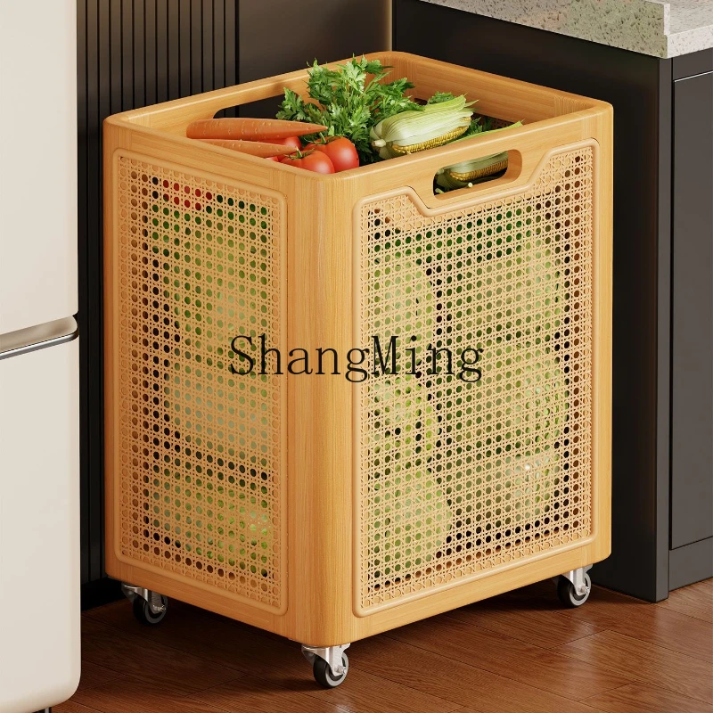 

FG solid wood kitchen vegetable rack storage rack household floor trolley storage basket