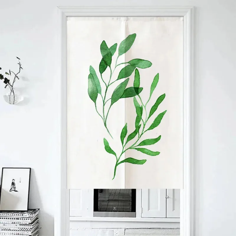 VIKAMA Watercolor Green Leaf Print Door Curtain, Minimalist Botanical Half Curtain, Natural Home Decor For Kitchen & Bedroom
