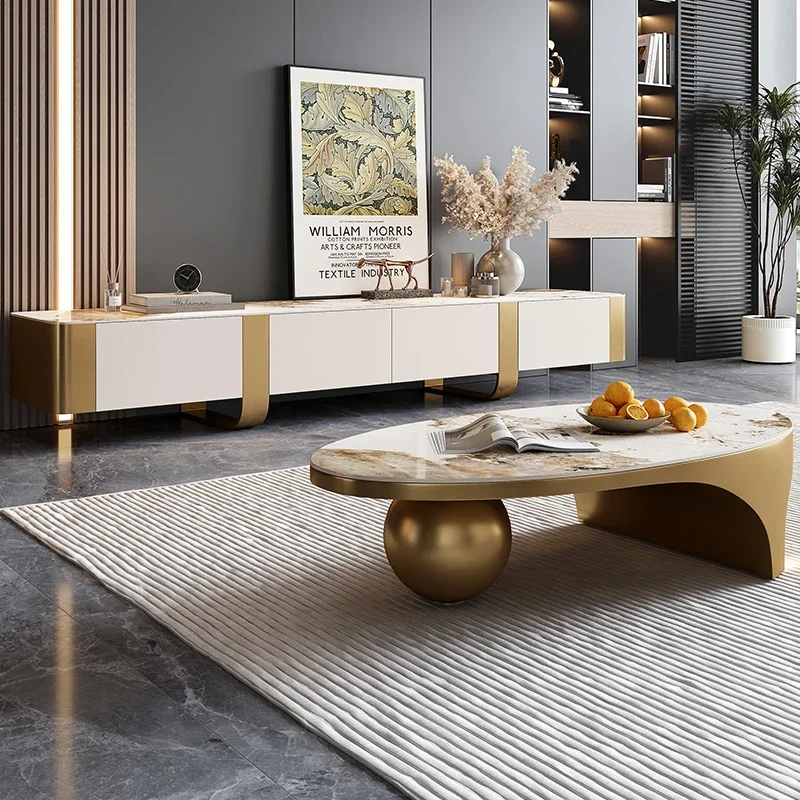 10*Light luxury rock panel TV cabinet oval living room irregular creative metal Italian minimalist coffee table table