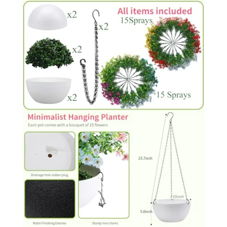2 Pack Artificial Hanging Flowers Basket Set for Outdoor Decor 30 Bundles UV Resistant Fake Plants Spring Summer Decoration Fau