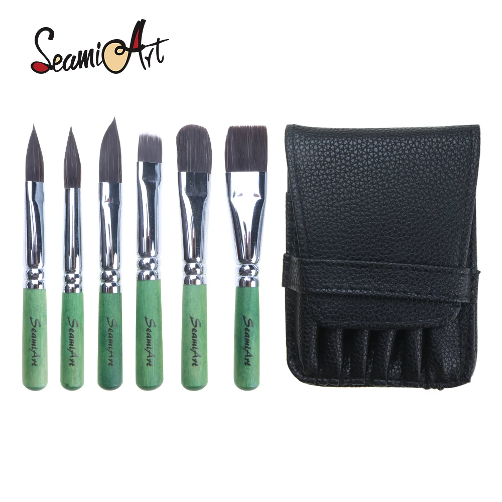 SeamiArt - Juego de 6 pinceles de viaje de nailon con mango corto y bolsa de cuero, pinceles para acuarela y gouache, para artistas y materiales de arte