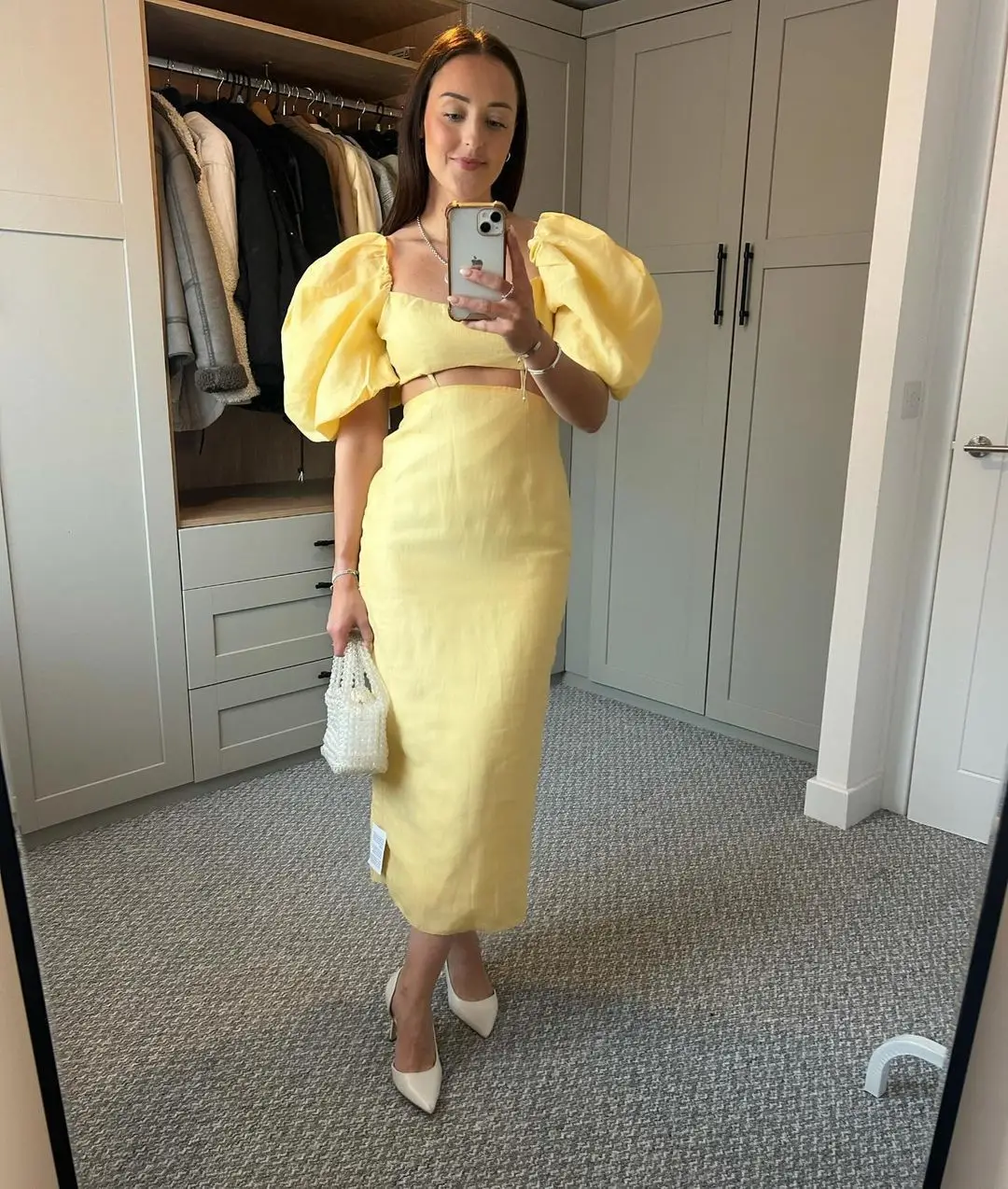 

European and american 2025 New arrival puff sleeve yellow high waist fashion summer short sleeve dress,slit long skirt