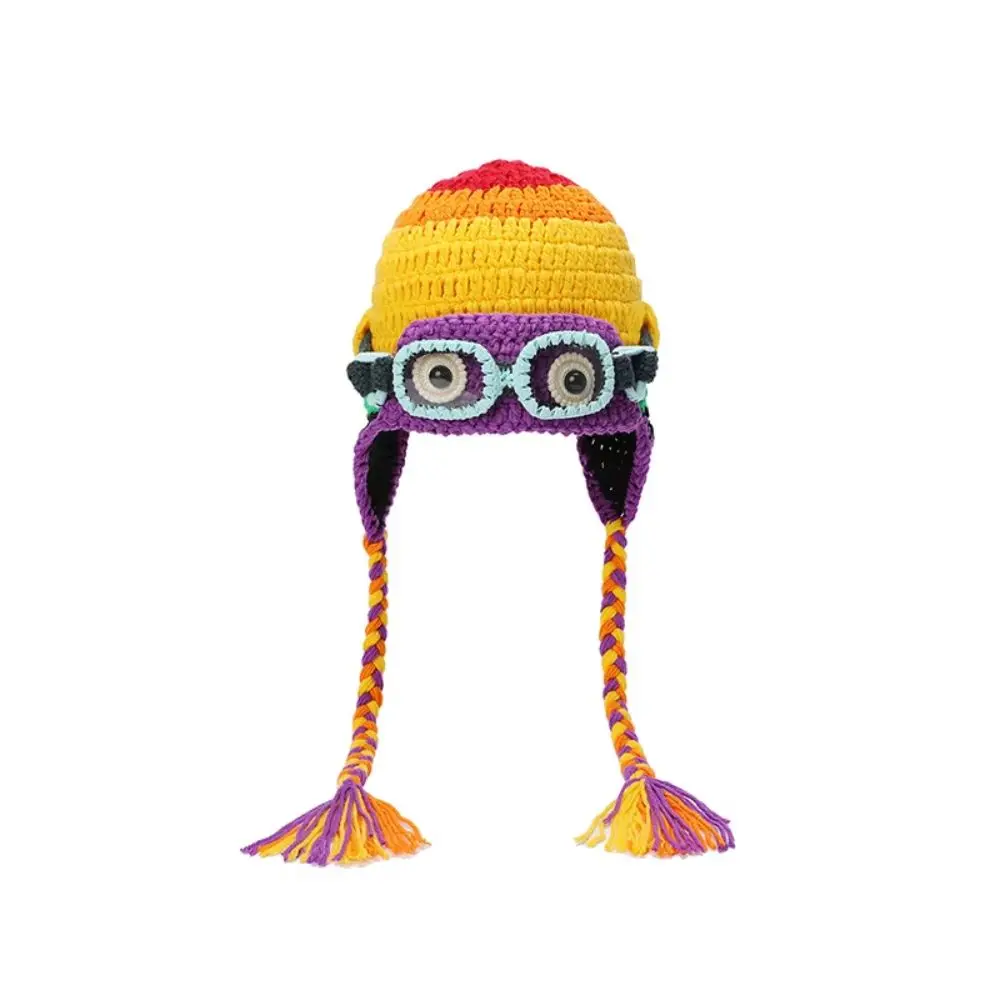 Soft Windproof Winter Pilot Hat With Goggles Color-Blocked Crocheted Lei Feng Hat Warm Beanie Knitted Beanie Outdoor