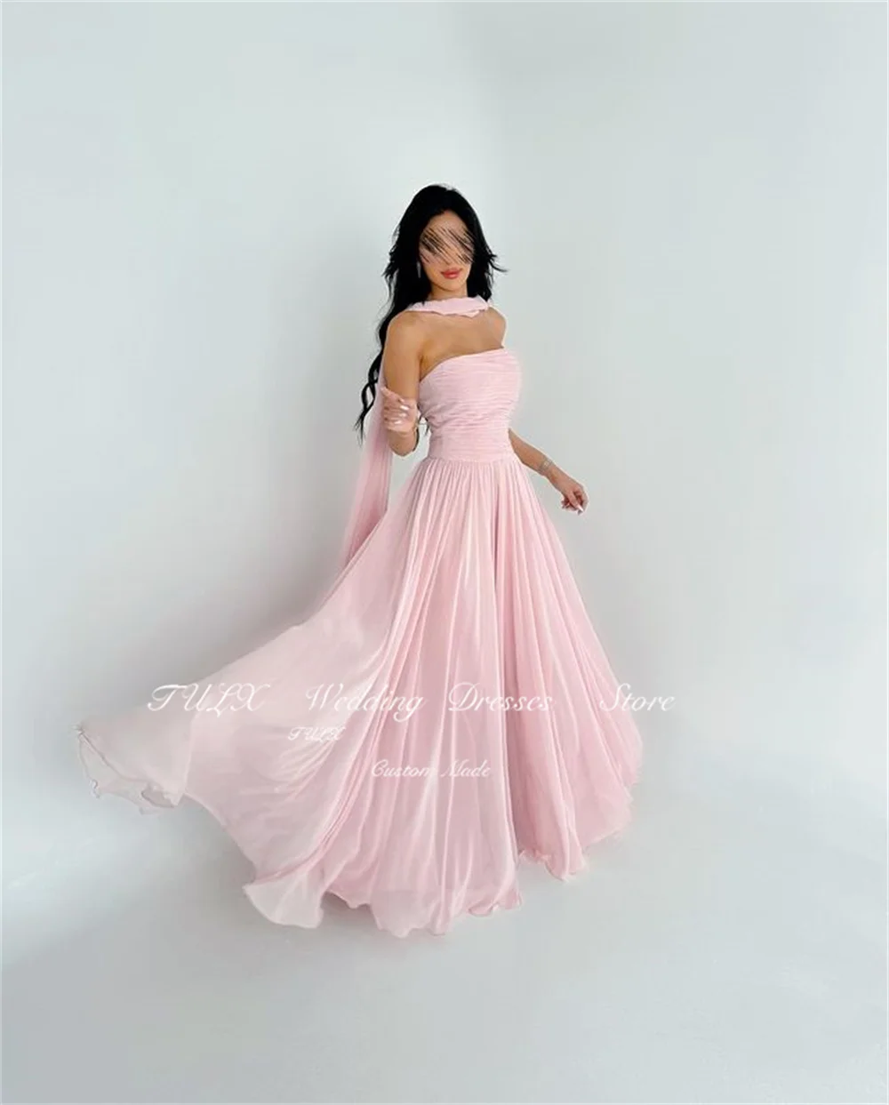 TULX Light Pink Strapless Chiffon Evening Dress With Long Scarf Sleeveless Floor Length Elegant Party Dress Formal Gown Custom