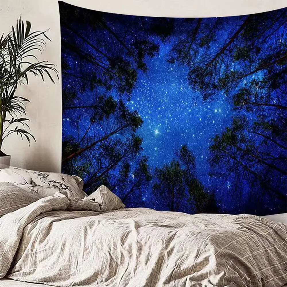 1 Piece Blue Forest Night View Starry Sky Living Room Bedroom Background Decoration Minimalist Style Home Forest Style Tapestry