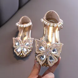 New Children's Party Shoes Shiny Sequin Lace Bow Kids Shoes 2024 New Cute Crystal Princess Dance Single Casual Girls Shoes