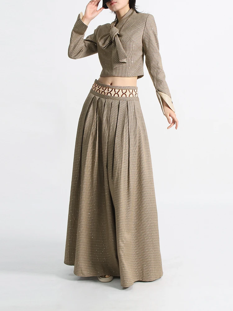 TWOTWINSTYLE Elegant Two Piece Set For Women Stand Collar Long Sleeve Spliced Bowknot Top High Waist Skirt Slimming Sets Female