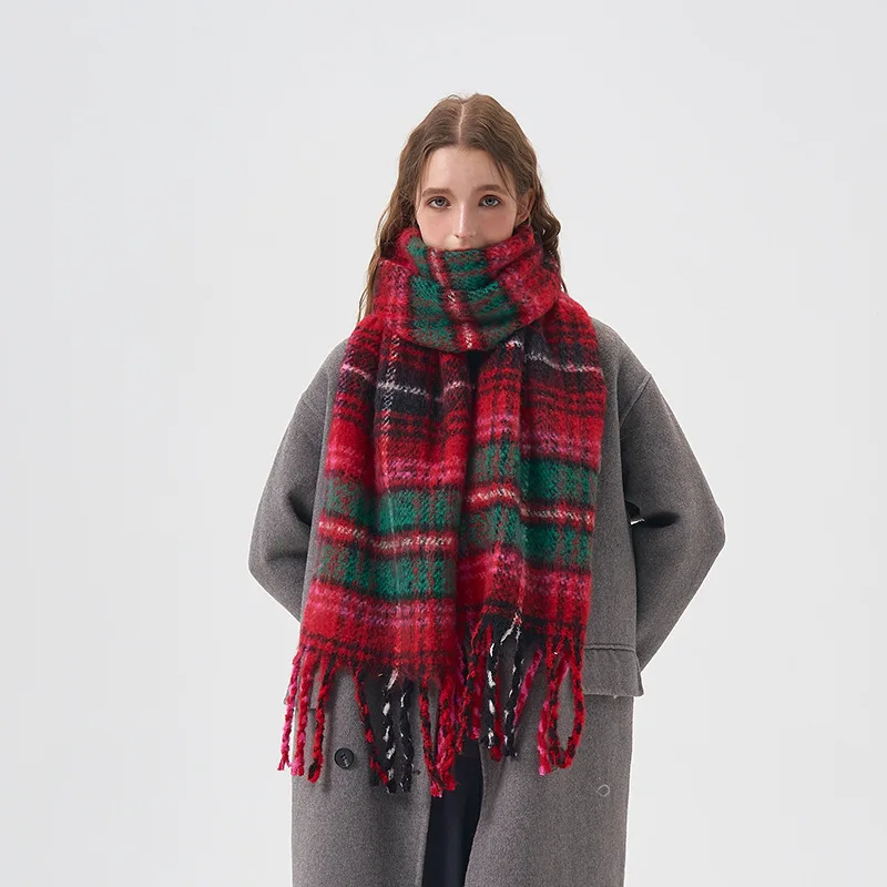 

Vintage Red Plaid Scarf Women Winter Artistic Couple Imitation Cashmere Neck Warmer Student Warm Plaid Shawl