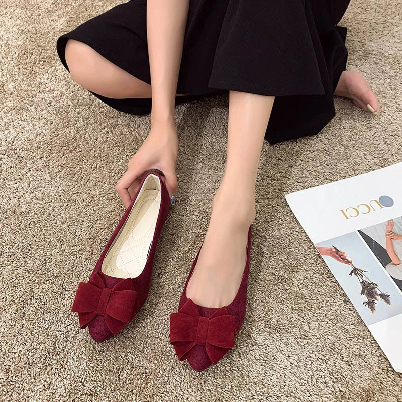 Woman Gentle Wedding Bridal Barefoot Flats Female Butterfly Knots Basic Suede Shoes Lady Pointed Toe Slip On Cinderella Shoes