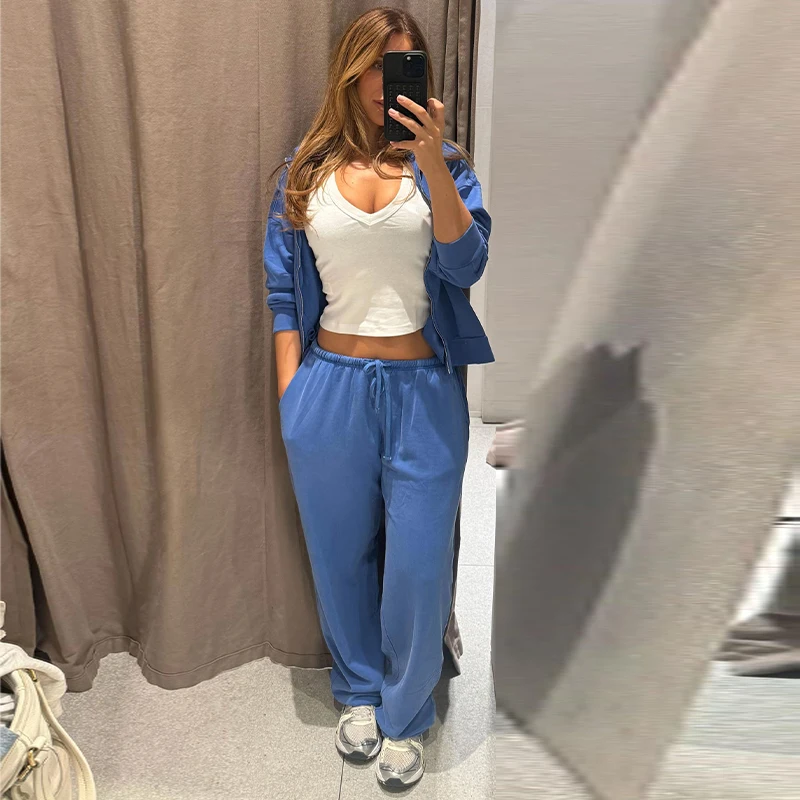Damen-Hosen-Sets mit Stehkragen, Langarm-Reißverschlussjacken, Kordelzug-Taille, Gerade Hosen, Herbst-Outfit für Frauen, Einfarbig, Locker Geschnitten, Neu – Detail 9