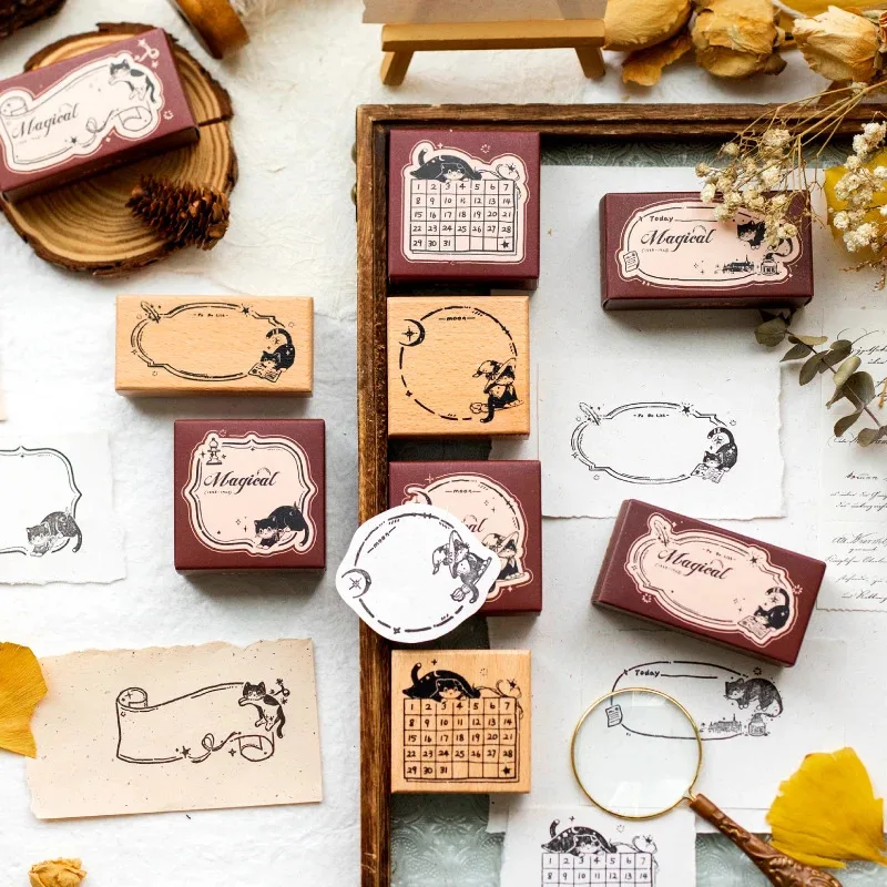 Black Cat Wooden Rubber Stamp Cute Kitty Decorative Wood Stamp for Journal Scrapbooking Letter DIY Craft Card Making