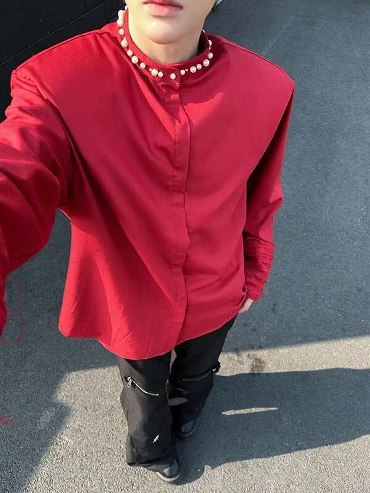 LUZHEN اللؤلؤ تزيين 2025 المرقعة الربيع الوقوف الرقبة جديد طويل الأكمام قمصان الرجال أنيقة بلون الذكور بلايز عادية JY4732 #5