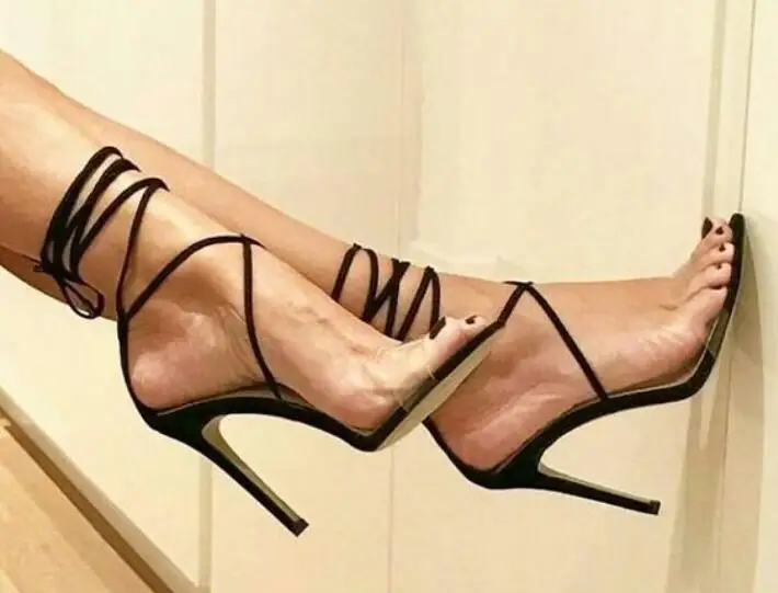 Free Shipping Women Summer Black Narrow Bands One Line Transparent PVC Cross Tied Lace Up Stiletto Heels Sandals Banquet Shoes