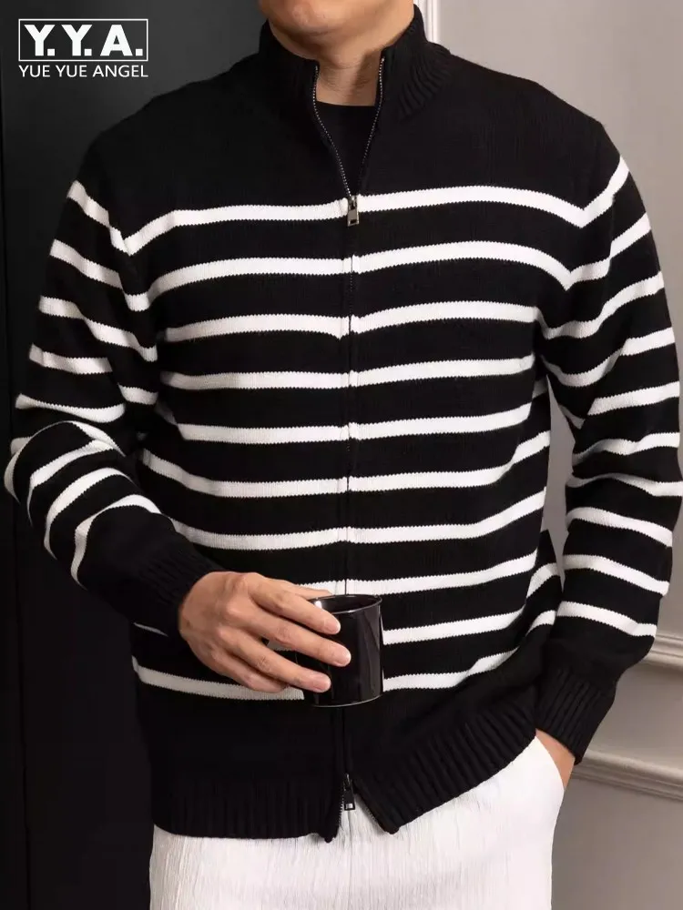 Mens Black White Striped Stand Collar Zipper Sweater Tops Business Casual Slim Fit Knitwear Cardigan Coat Autumn Winter Knitted