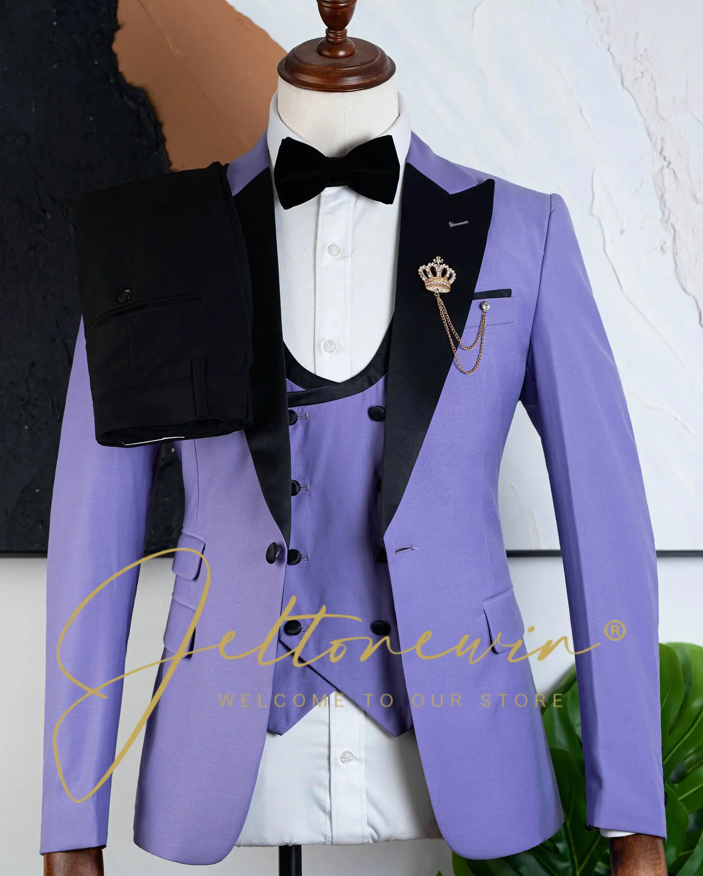 

Мужской фиолетовый костюм-смокинг из трех предметов с черными атласными лацканами, приталенный формальный костюм для свадьбы, жениха, вечеринки, вечера, вечера