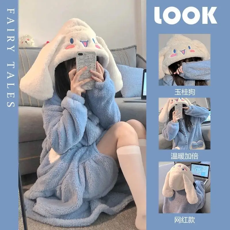 Pijama peludo con lazo bonito de Cinnamoroll Kawaii Sanrio, ropa de dormir larga de felpa de Anime para parejas, otoño e invierno, novedad