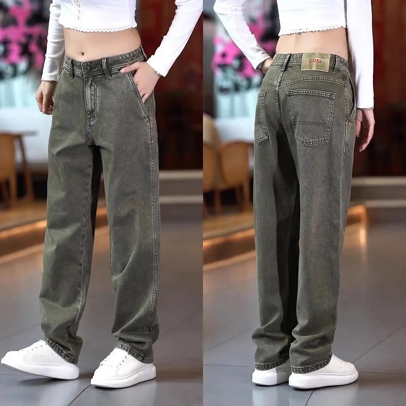 

Высококачественные мужские джинсы в американском стиле, цвета «военный волк», свободного кроя, модные прямые брюки из смесового хлопка и полиэстера, износостойкие