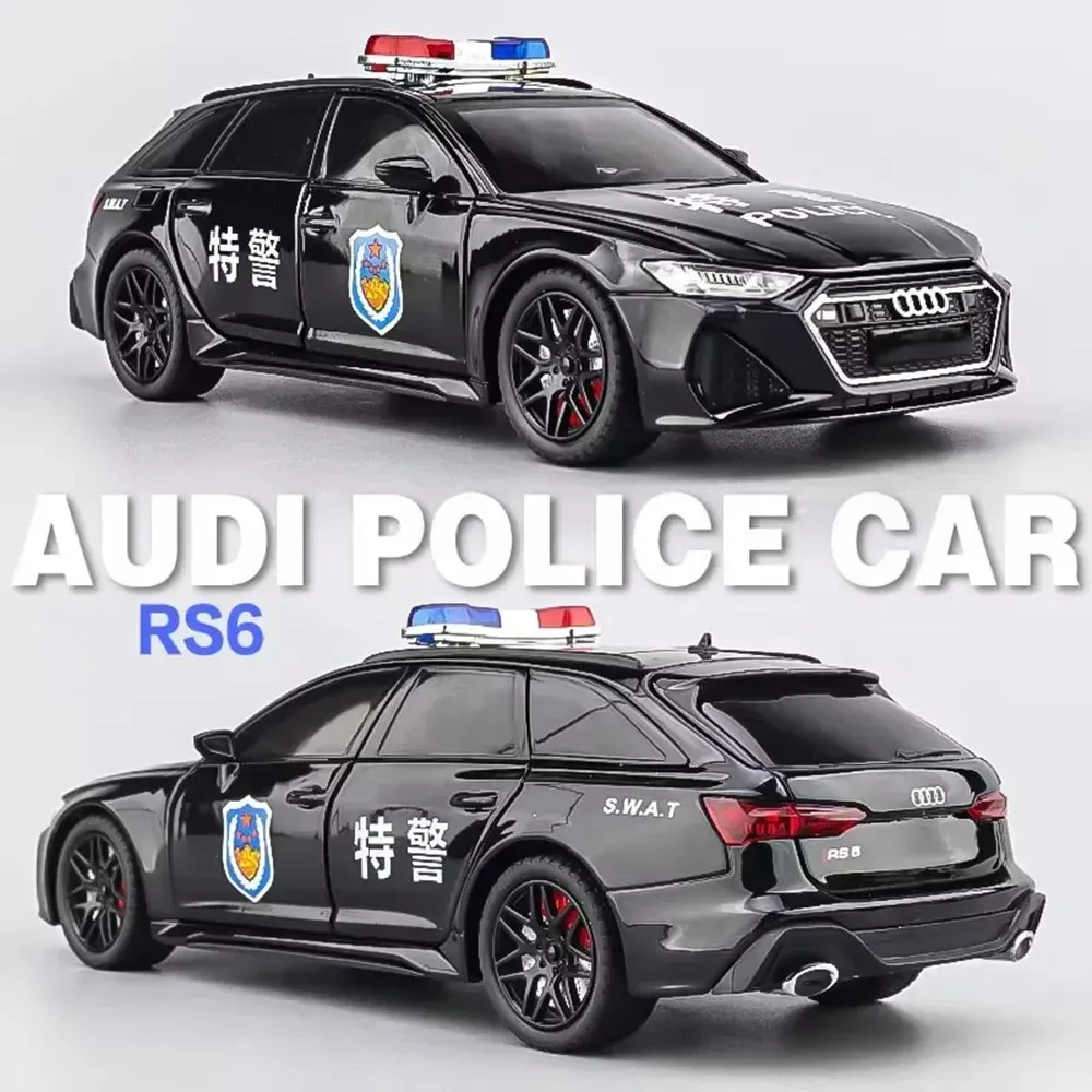 Voitures de Police AUDI RS6, modèles miniatures en alliage moulé sous pression, jouets avec son et lumière, véhicules à tirer pour enfants, cadeaux de Collection, 1:24
