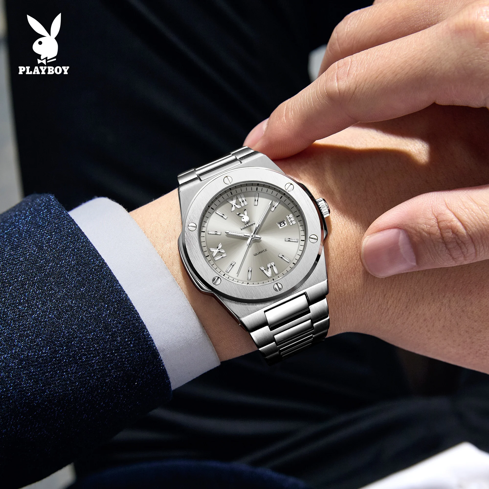 PLAYBOY 3912 Modern Original Quartz Movement Watch For Men Small Round Dial Stainless Steel Strap 30m Waterproof Watch