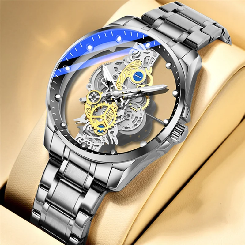 Luxury Mens Watches Fashion Tourbillon Hollow Steel Quartz Wristwatch Waterproof Business Gold Sliver Men\'s Clock Reloj Hombre