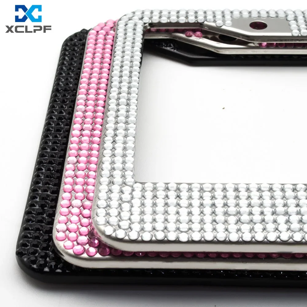 Marco de placa de matrícula de acero inoxidable con diamantes de imitación, soporte estándar de EE. UU., Negro, Rosa, blanco