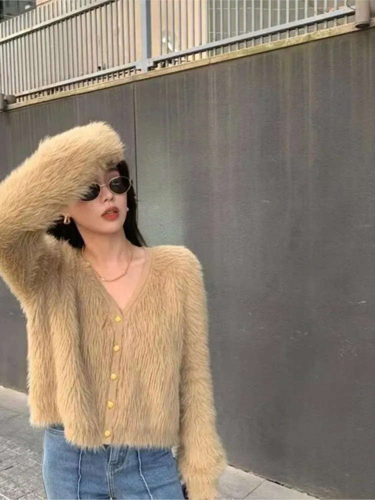 Autumn Winter Furry Cardigan Coat Sweater Women 2023 Fashion Pink Kintted Coats Cropped Top Korean Womens Cardigans Woman Coat