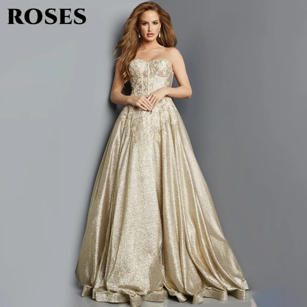 

ROSES Gold Elegant Prom Dresses Sweetheart Sleeveless Prom Gown with Fishbone A-Line Gorgeous Sequins Formal Gown Customized