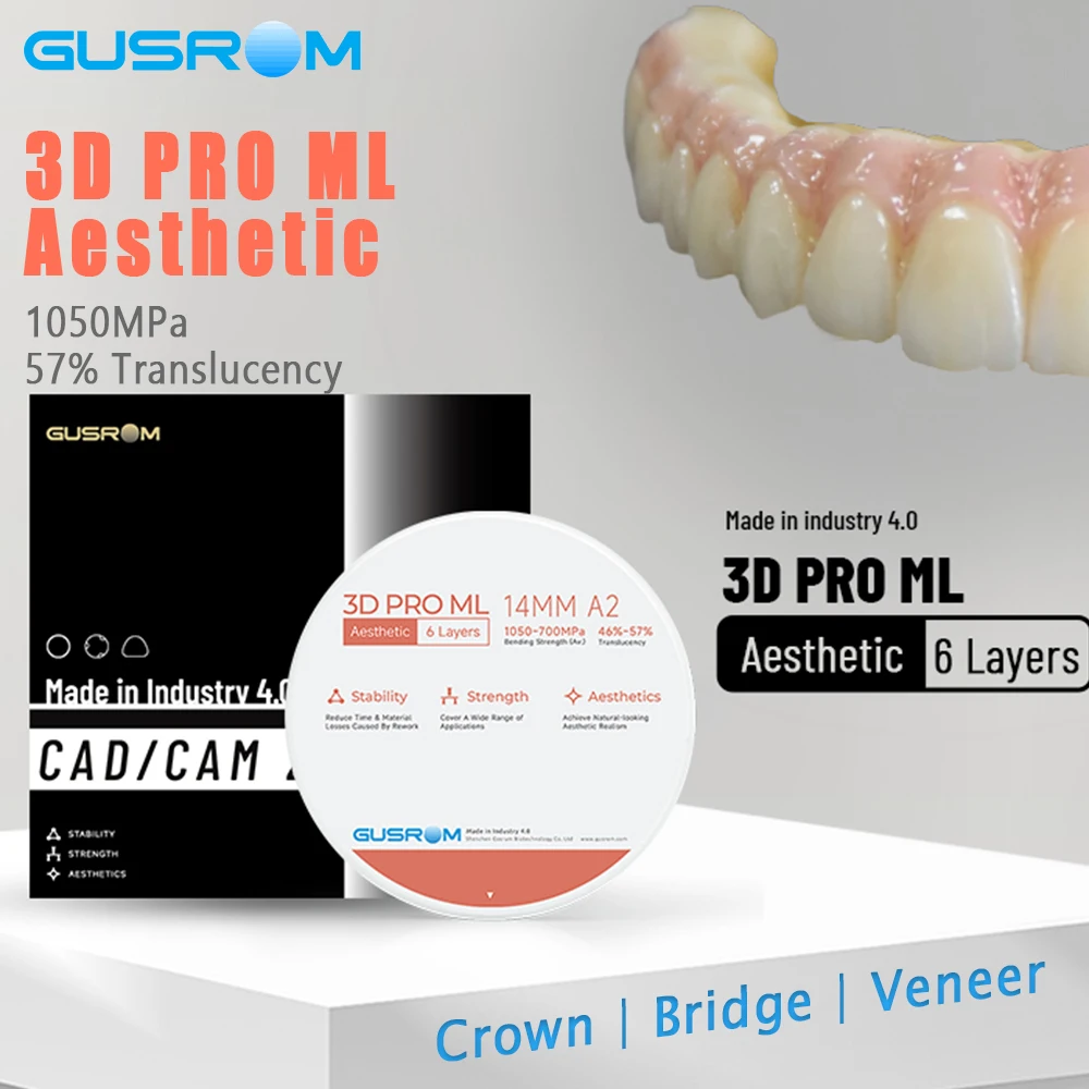 

Многослойный циркониевый блок GUSROM 3D PRO 98 мм A1 A2 A3 для открытых систем, высокопрочный (1050 МПа), с 57% светопроницаемостью, для CAD/CAM, для зубных коронок