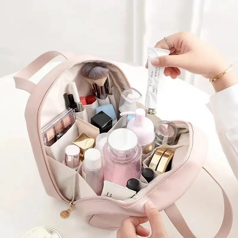 Borsa per cosmetici portatile in PU di grande capacità con borsa per il trucco con cerniera in metallo borsa per la toelettatura da viaggio