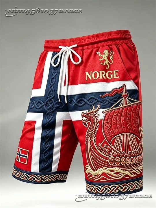 Unisex 2026 New Hot Sale Universal Casual Shorts Norway Flag Viking Ship Retro Totem Breathable Beach Shorts Loose Sports Shorts