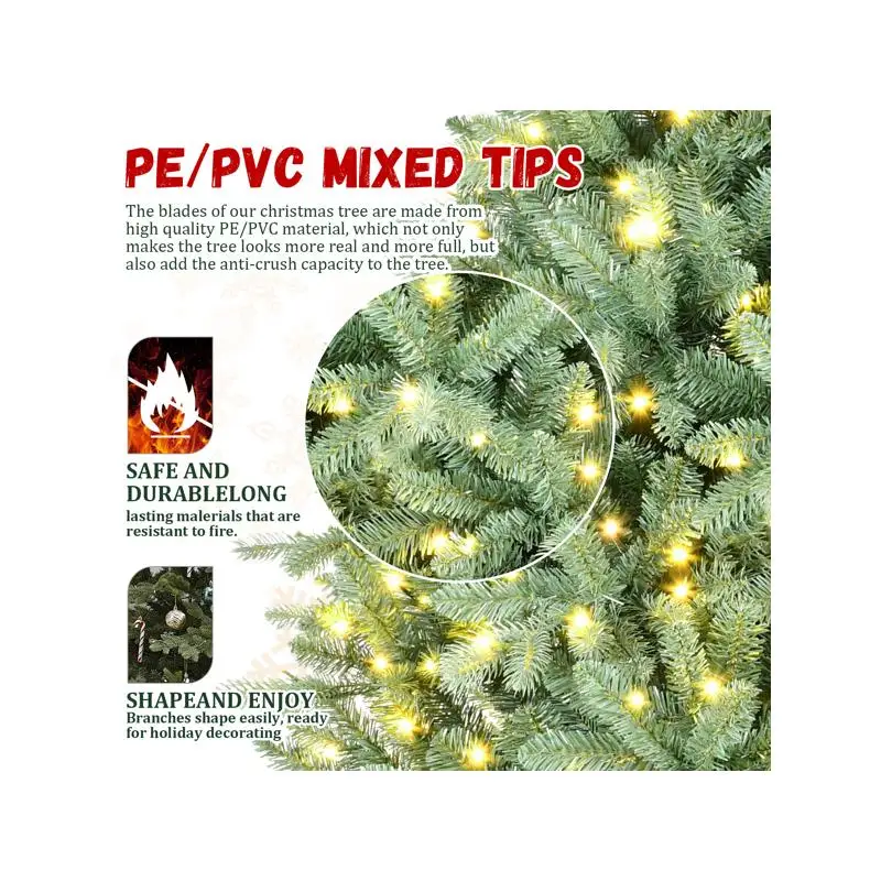 Artificial 8ft Blue Green Christmas Tree with 3308 Mixed Branch Tips, 900 Warm White LEDs, Hinged Base for Indoor Holiday Decor