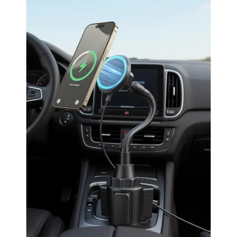 

2026 Upgraded Cup Holder Charger 15W Fast Charging Adjustable Gooseneck for Phone 17 16 15 14 13 12 Pro Max Plus