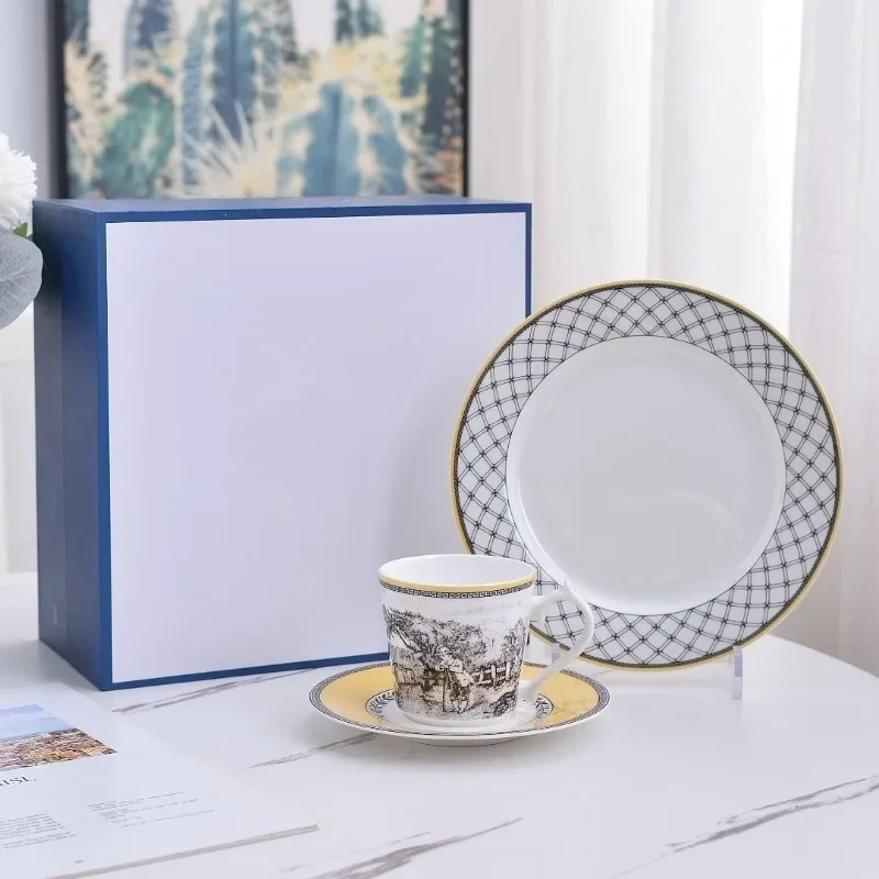 

European Bone China Dessert Plates Coffee Cup Saucer Mug Set with Illustration Style Villa Pattern for Home Western Food Use