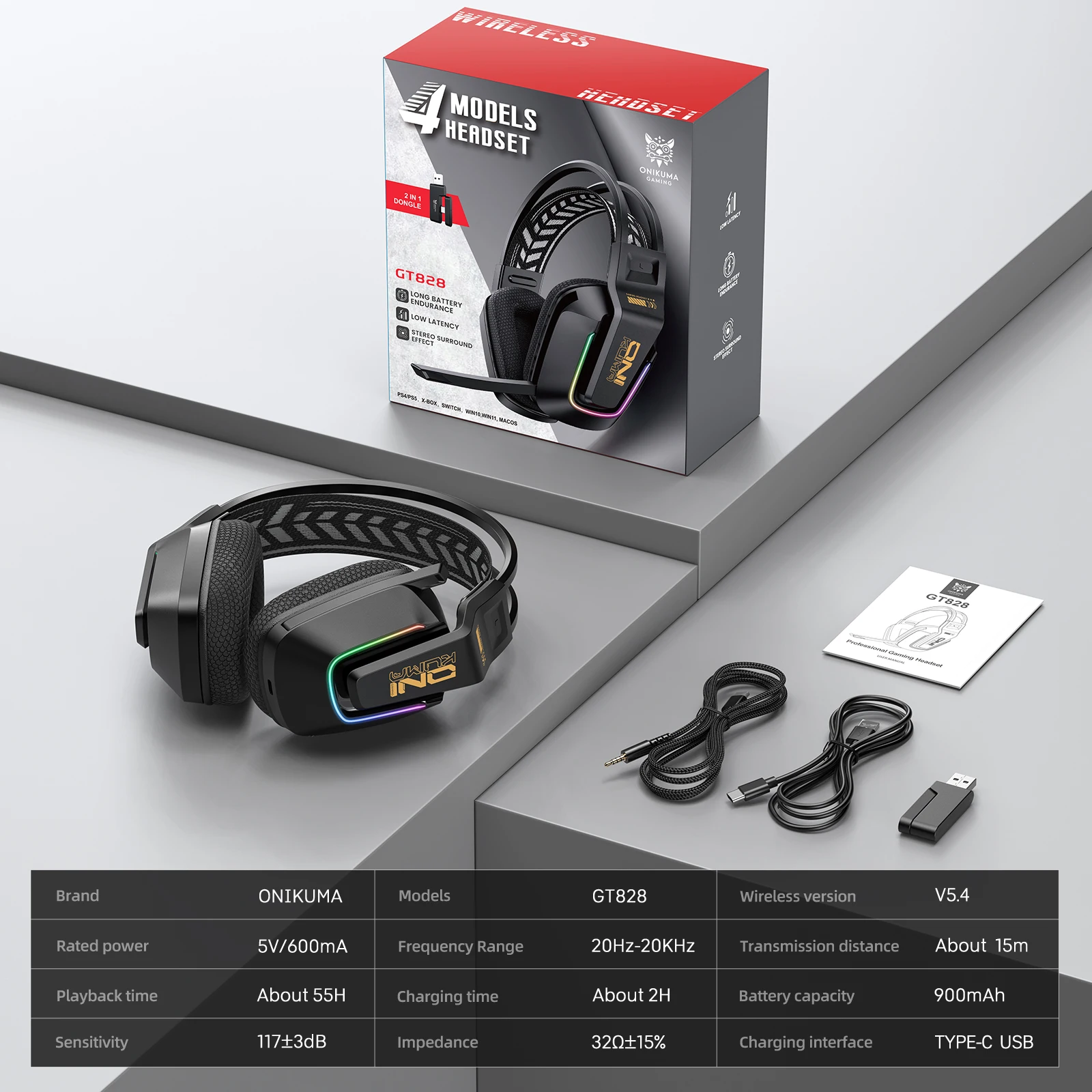 ONIKUMA GT828 Bluetooth Headset Four-mode Connection Over Ear HIFI Stereo Wireless Gaming Headsets with Mic for PC Laptops PS5