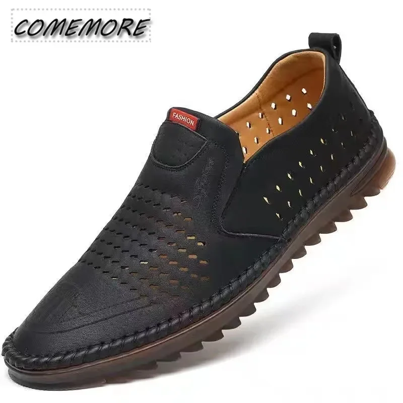 Men's Spring Summer Leather Shoes Soft Leather Automotive Sewing Durable Breathable Flat Bottom Driving Casual Shoes Sandal 2025