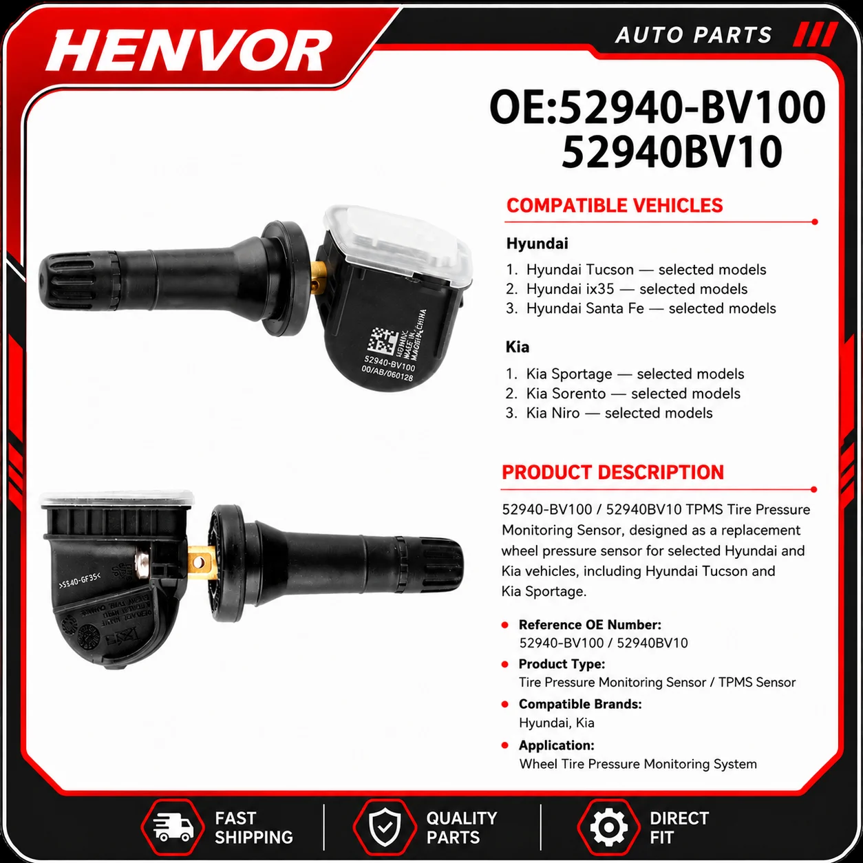 52940-BV100 52940BV10 TPMS Tire Pressure Sensor for Hyundai Tucson Kia Sportage Wheel Pressure Monitoring System