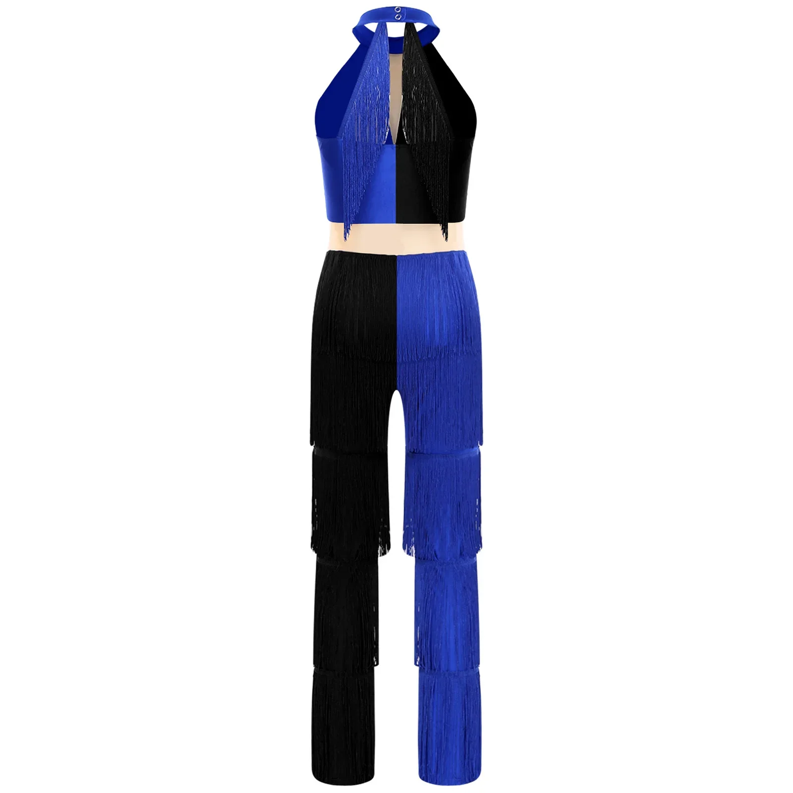بدلة ديسكو أنيقة للسيدات في السبعينيات على الصدر مع ترتر لامع وسراويل طويلة بألوان متباينة لأداء الرقص اللاتيني للحفلات الراقصة
