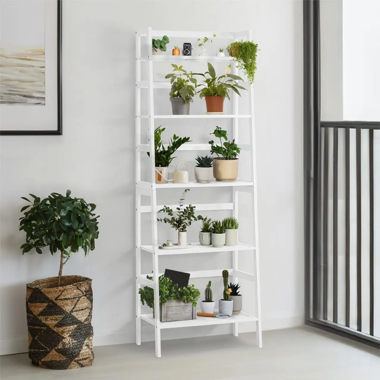 5-Tier Bamboo Ladder Shelf, Bamboo Open Storage Ladder Bookshelf, Freestanding Plant Standing Display Stand, Multifunctional