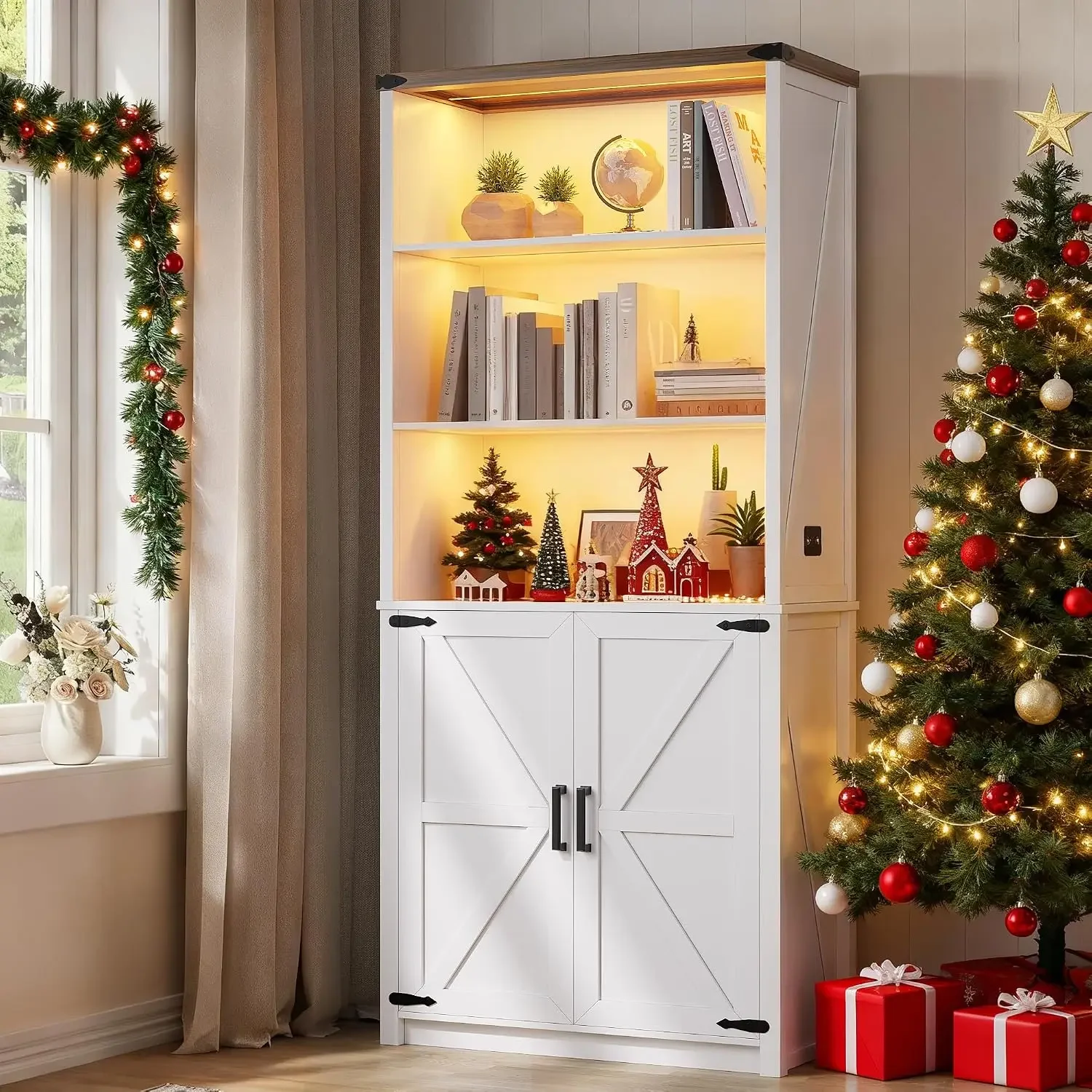 HWB Farmhouse 5-Tier Bookshelf with Doors and 3-Color LED Lights | Floor Standing Bookcase Storage Cabinet with Motion Sensor, f
