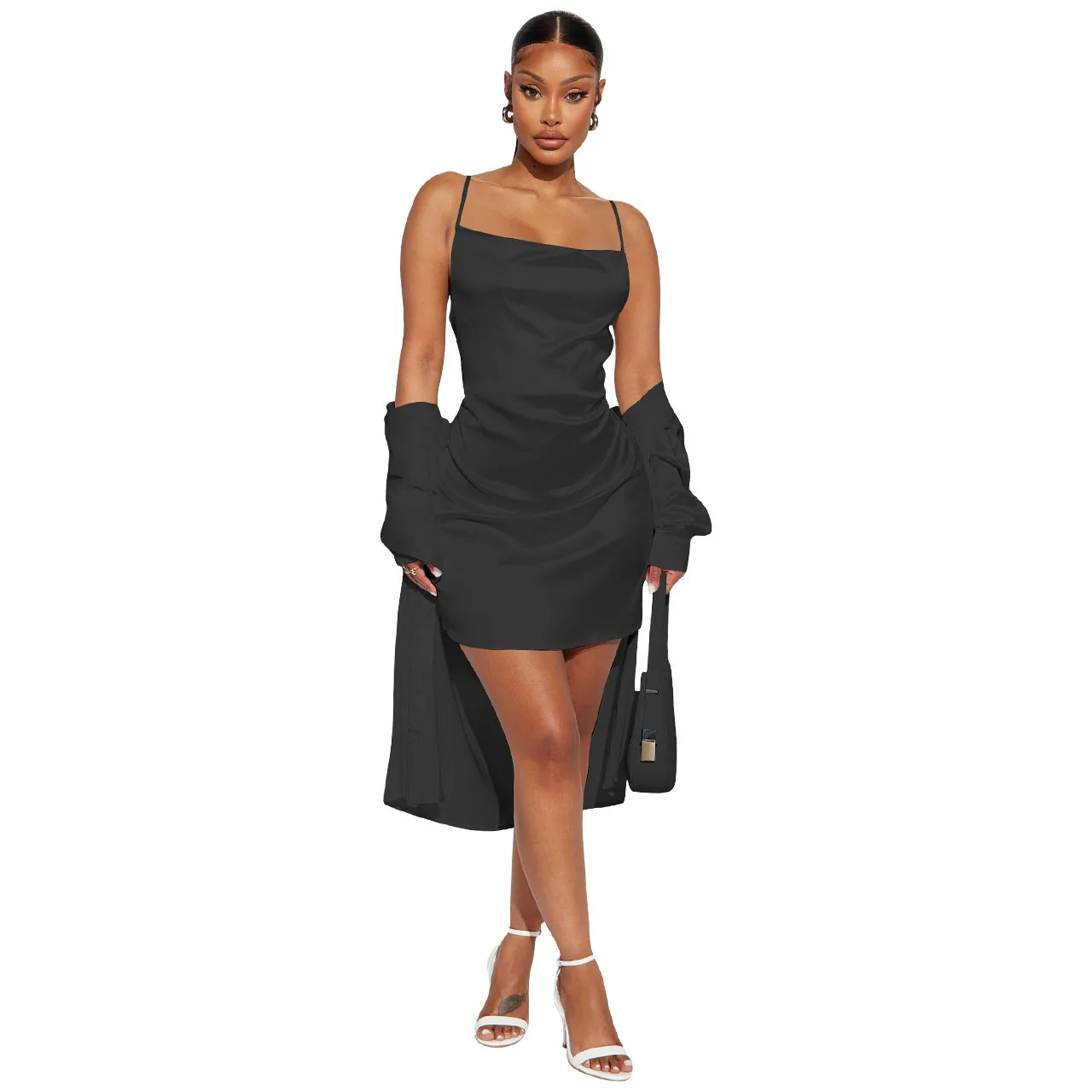 Glossy Satin Women Dress Set Solid Long Sleeve Button Up Shirts Spaghetti Straps Mini Dress 2023 Autumn Sexy Night Club Vestidos