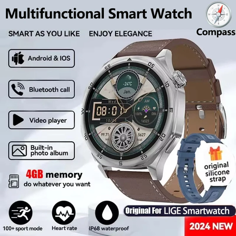 

LIGE 4GB Large Memory Smart Watch Men Compass Wireless Headset Music Play MP4 Video Bluetooth Call Sports Fitness Smartwatch Man