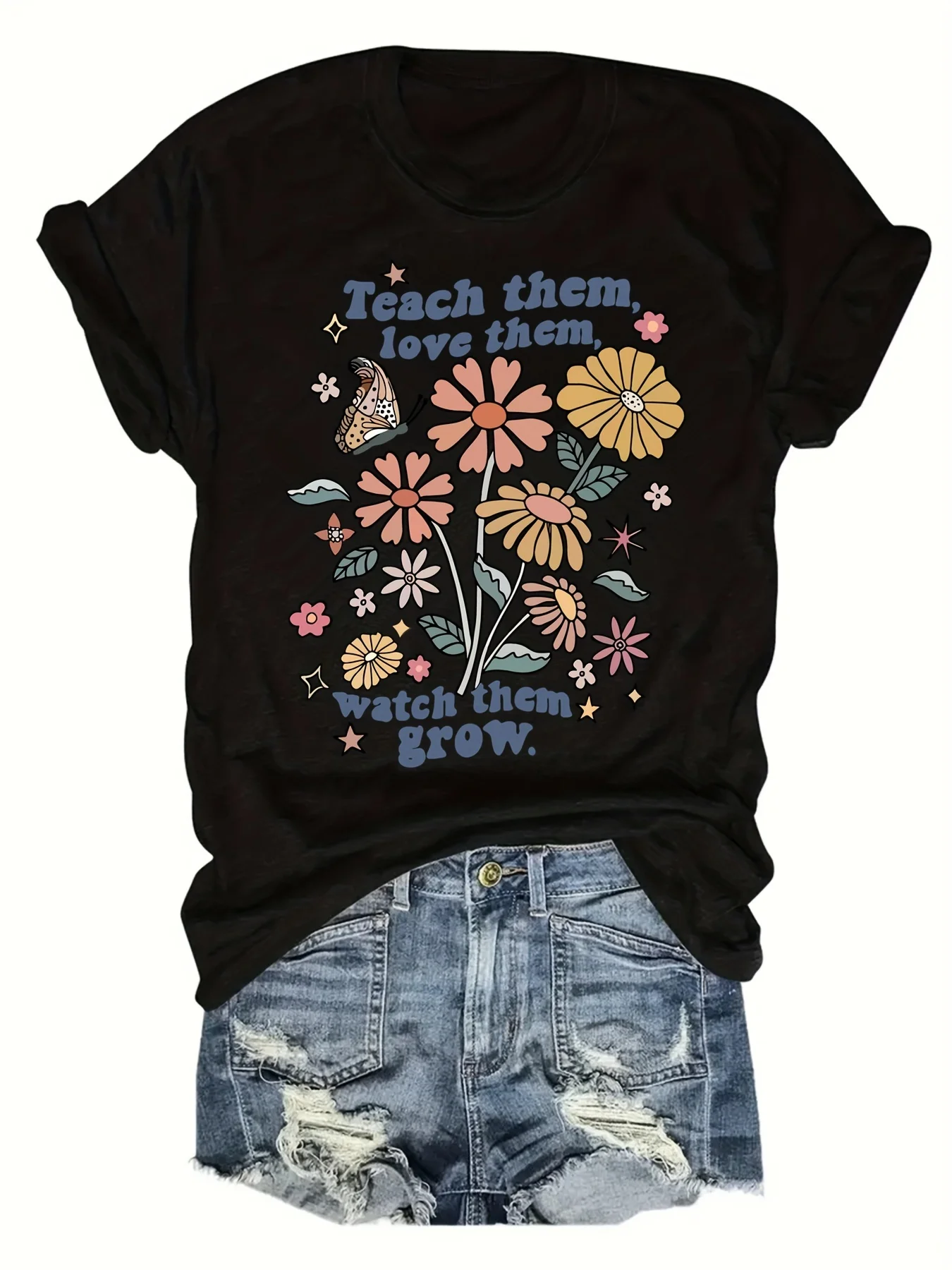 

Модная женская футболка с цветочным принтом и круглым вырезом, короткий рукав, стильная повседневная футболка с принтом