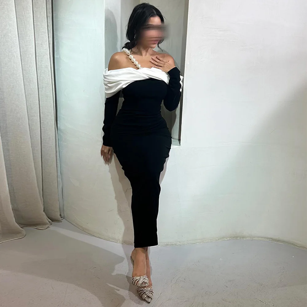 

Customized Off the Shoulder Long Sleeves Evening Dress Mermaid Ankle Length Homecoming Dress Modern Pearls Celebrity Gowns