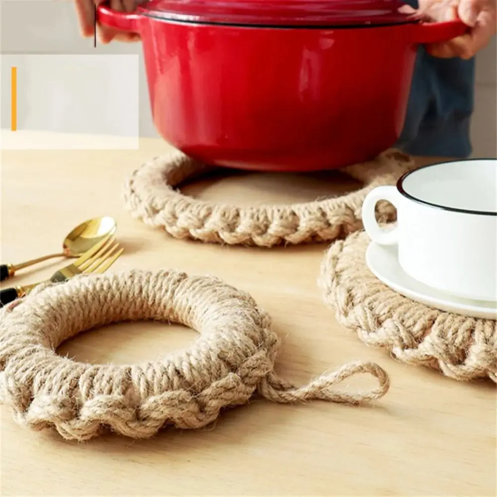 

Coaster Round Jute Woven Pot Pad Heat Proof Handmade Pot Holders Braided Heat Insulated Pan Place-mat Household