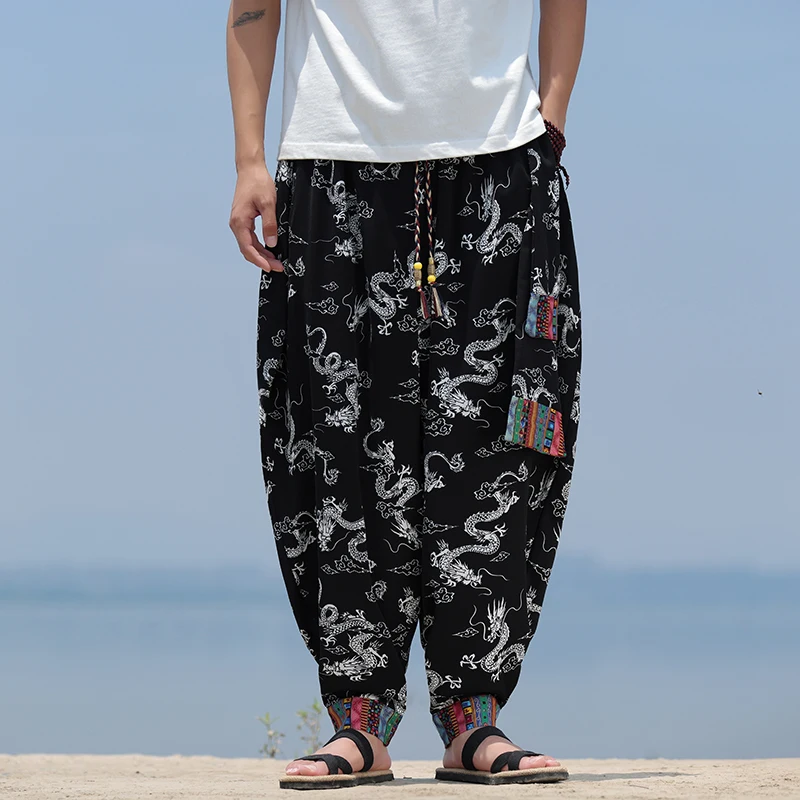 M-5XL Plus Size Men's Chinese Traditional Dragon Pattern Baggy Harem Pants Elastic Waist Loose Fit Trousers Summer Streetwear