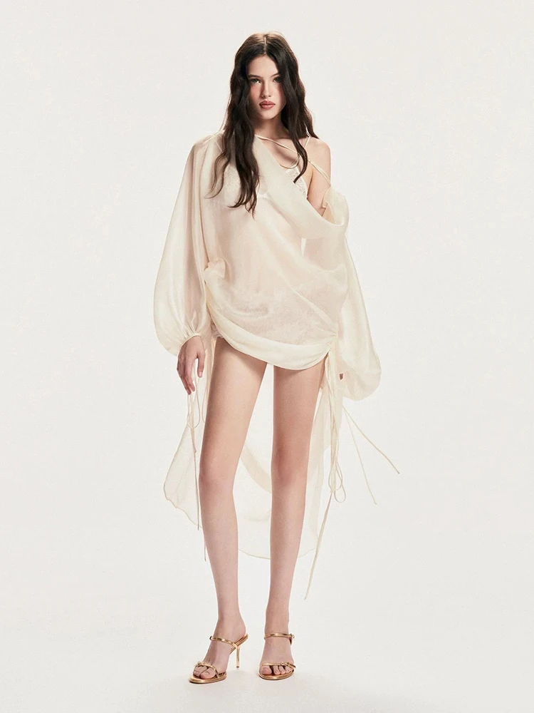 Women Lace-up Two Piece Set Women Long Sleeves Folds Irregular Loose Mini Dress + Lace Jumpsuit Suits Evening Party Celebrity